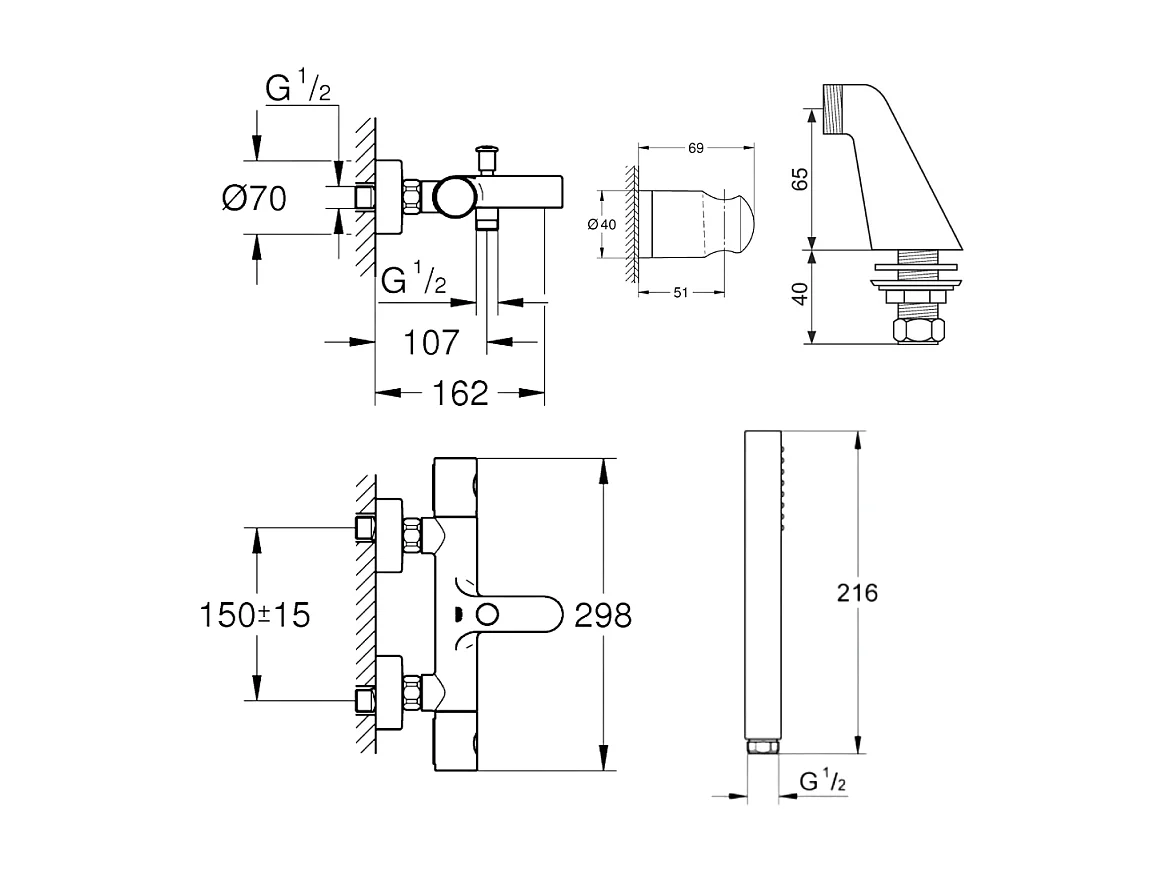 Pack mitigeur thermostatique GROHE Get avec colonnettes + Douchette 1 jet Vitalio Get Stick + Flexible 1750 mm et support