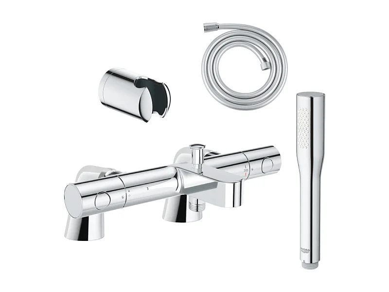 Pack mitigeur thermostatique GROHE Get avec colonnettes + Douchette 1 jet Vitalio Get Stick + Flexible 1750 mm et support
