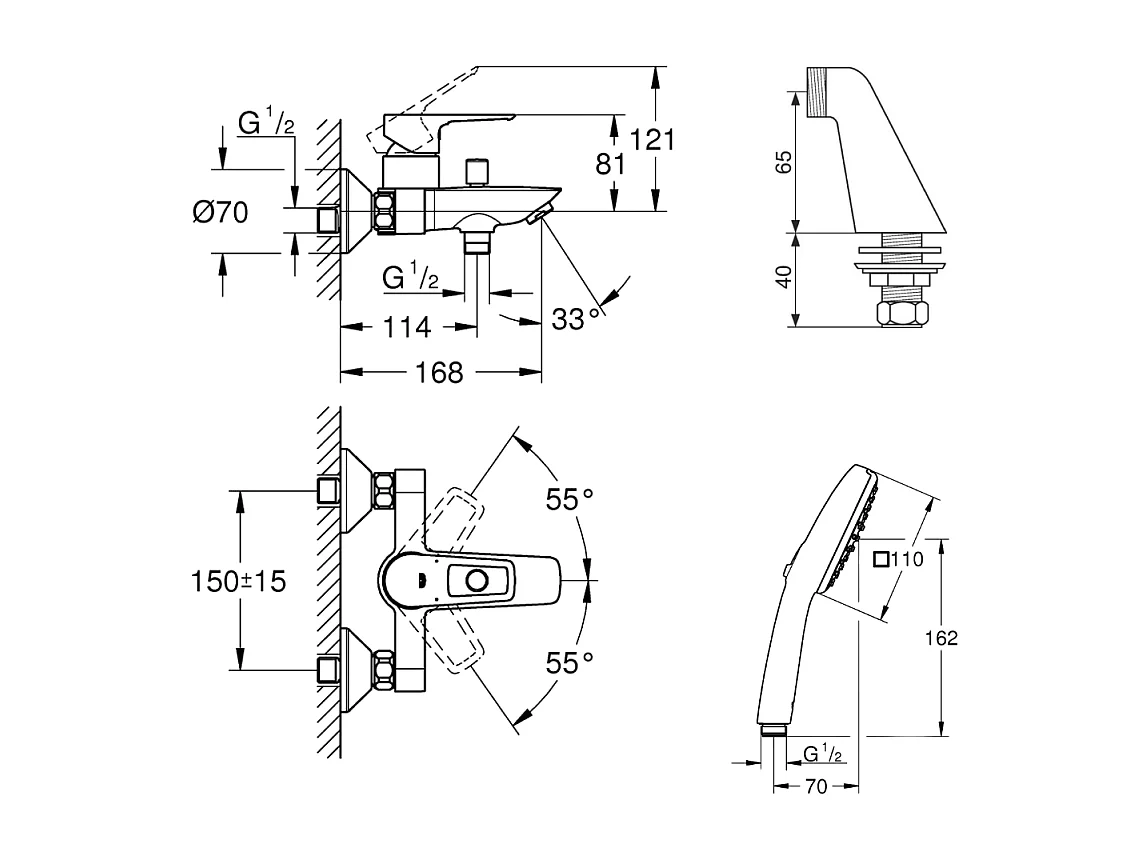 Pack mitigeur bain douche mécanique GROHE Start Loop + douchette carré  2 jets + flexible