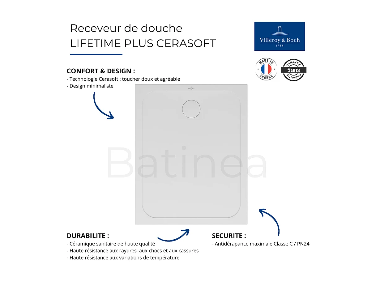 Receveur de douche antidérapant 100 x 80 VILLEROY ET BOCH Lifetime Plus Cerasoft céramique blanc + Bonde chromé