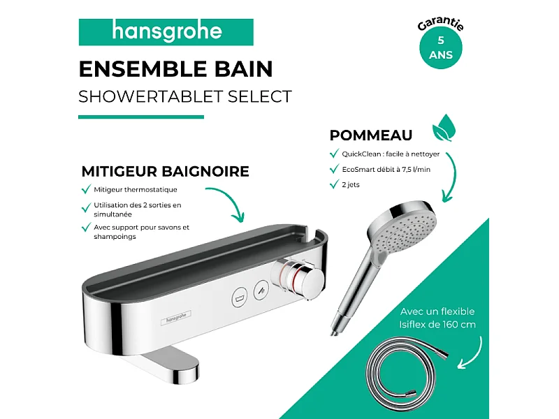 Pack mitigeur bain douche thermostatique HANSGROHE ShowerTablet Select + Flexible Isiflex + Pommeau de douche Vernis Blend Chromé