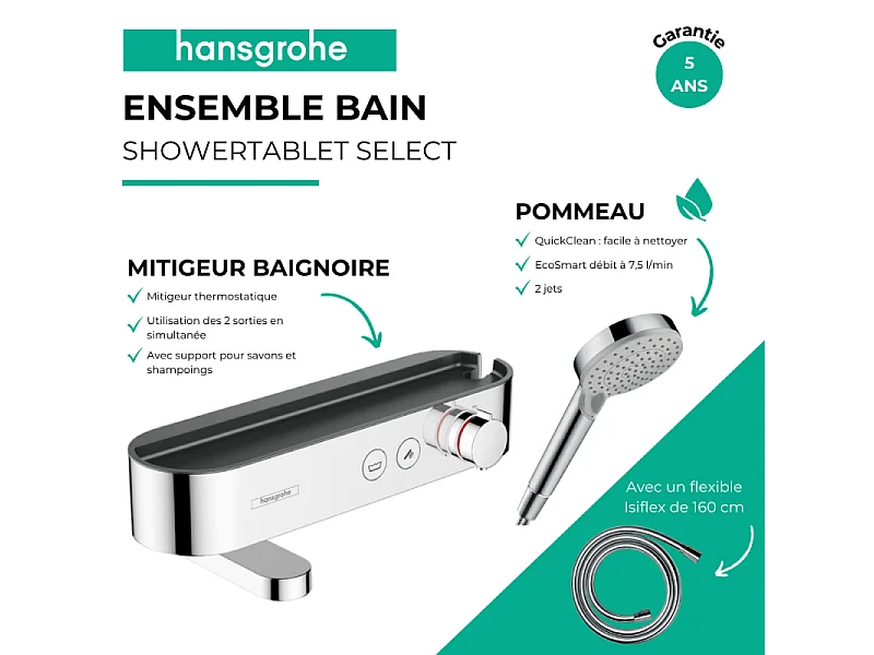 Pack mitigeur bain douche thermostatique HANSGROHE ShowerTablet Select + Flexible Isiflex + Pommeau de douche Vernis Blend Chromé