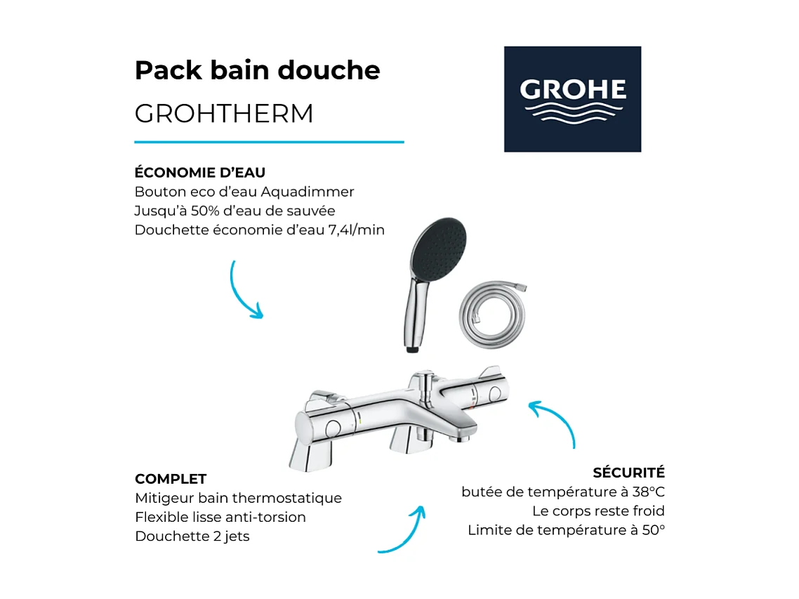 Pack mitigeur bain douche thermostatique GROHE Grohtherm 800 + douchette ronde  2 jets + flexible