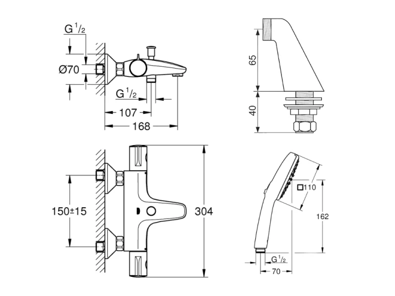 Pack mitigeur bain douche thermostatique GROHE Grohtherm 800 + douchette ronde  2 jets + flexible