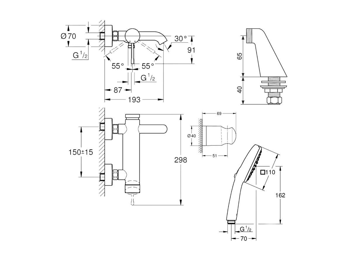 Pack mitigeur bain douche mécanique GROHE Essence + douchette carré  2 jets + flexible + support