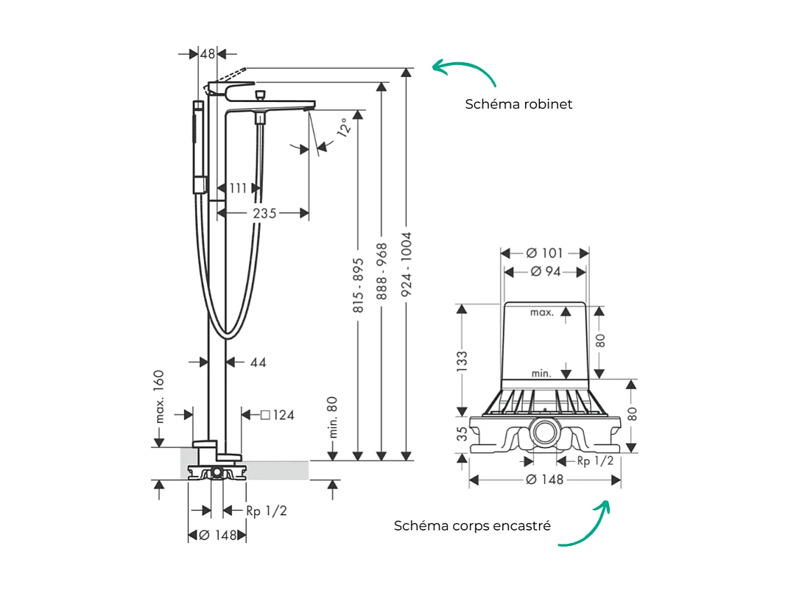Mitigeur baignoire îlot HANSGROHE Metropol Bronze brossé + corps encastré