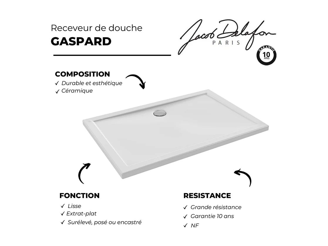 Receveur de douche 120 x 80 JACOB DELAFON Gaspard extra-plat céramique + Kit de réhausse (5 pieds)