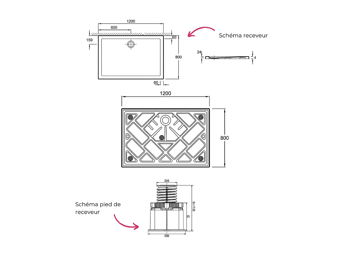 Receveur de douche 120 x 80 JACOB DELAFON Gaspard extra-plat céramique + Kit de réhausse (5 pieds)