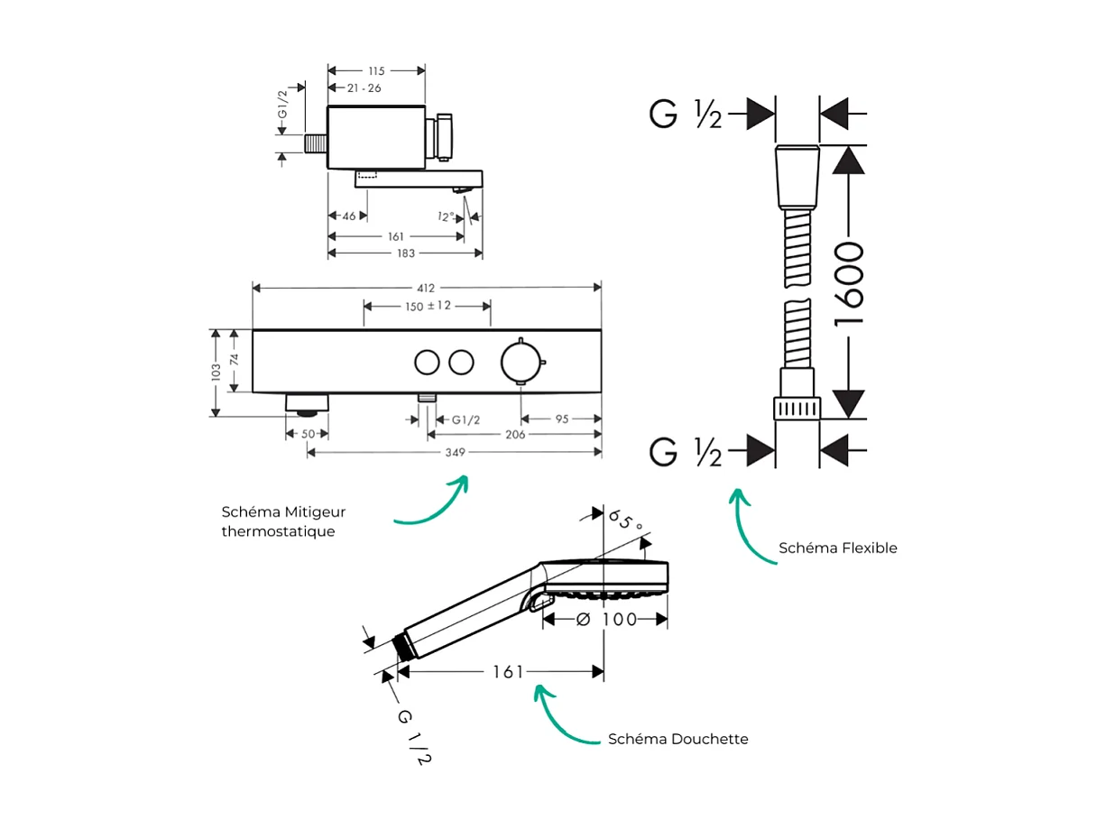 Pack mitigeur bain douche thermostatique HANSGROHE ShowerTablet Select + Flexible Metaflex + Pommeau de douche Vernis Blend Chromé