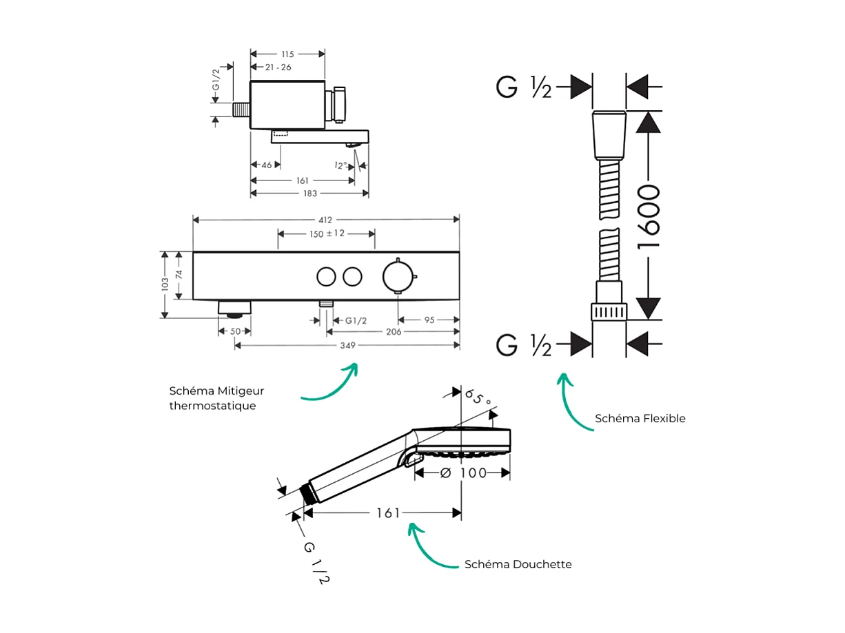 Pack mitigeur bain douche thermostatique HANSGROHE ShowerTablet Select + Flexible Metaflex + Pommeau de douche Vernis Blend Chromé
