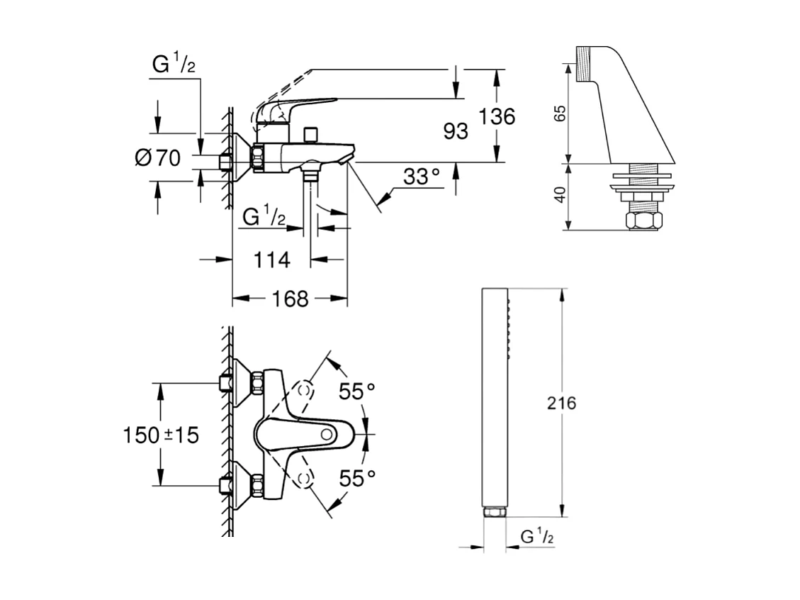 Pack mitigeur mécanique GROHE Swift avec colonnettes + Douchette 1 jet Vitalio Get Stick + Flexible 1750 mm et support