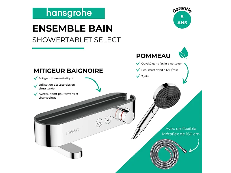 Pack mitigeur bain douche thermostatique HANSGROHE ShowerTablet Select + Flexible Metaflex + Pommeau de douche Pulsify Select 3 jets Chromé