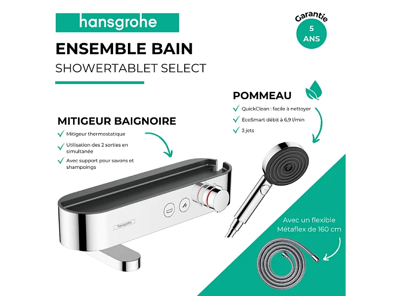 Pack mitigeur bain douche thermostatique HANSGROHE ShowerTablet Select + Flexible Metaflex + Pommeau de douche Pulsify Select 3 jets Chromé