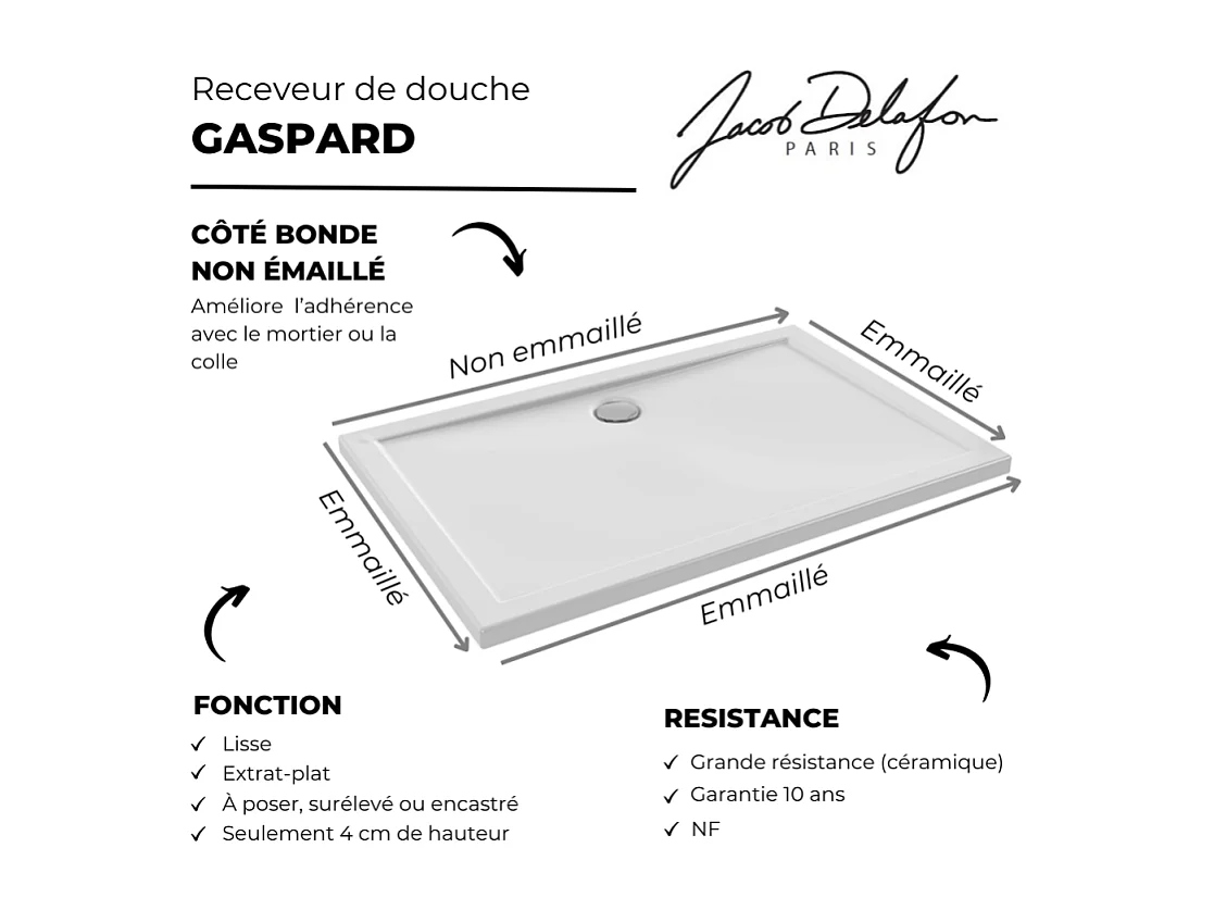 Receveur de douche 120 x 80 JACOB DELAFON Gaspard extra-plat céramique + Kit de réhausse (5 pieds) + Bonde