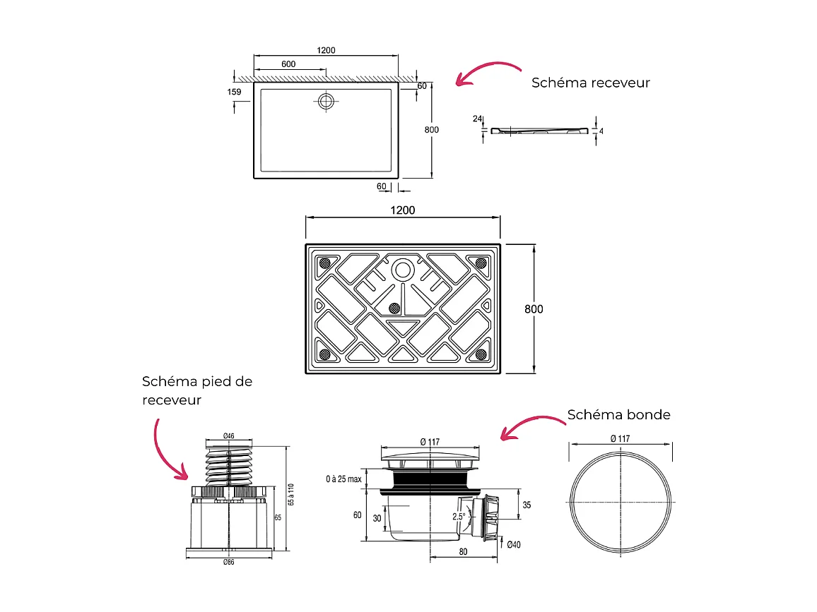Receveur de douche 120 x 80 JACOB DELAFON Gaspard extra-plat céramique + Kit de réhausse (5 pieds) + Bonde