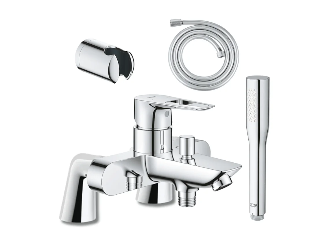 Mitigeur mécanique GROHE Start Loop avec colonnettes + Douchette 1 jet Vitalio Get Stick + Flexible 1750 mm et support
