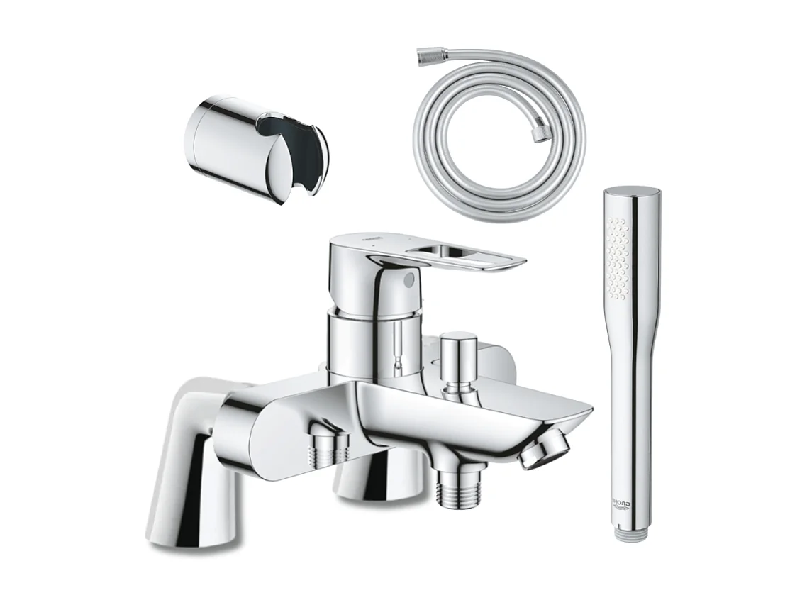 Mitigeur mécanique GROHE Start Loop avec colonnettes + Douchette 1 jet Vitalio Get Stick + Flexible 1750 mm et support