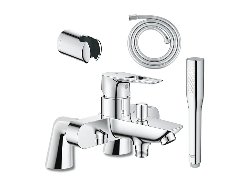 Mitigeur mécanique GROHE Start Loop avec colonnettes + Douchette 1 jet Vitalio Get Stick + Flexible 1750 mm et support