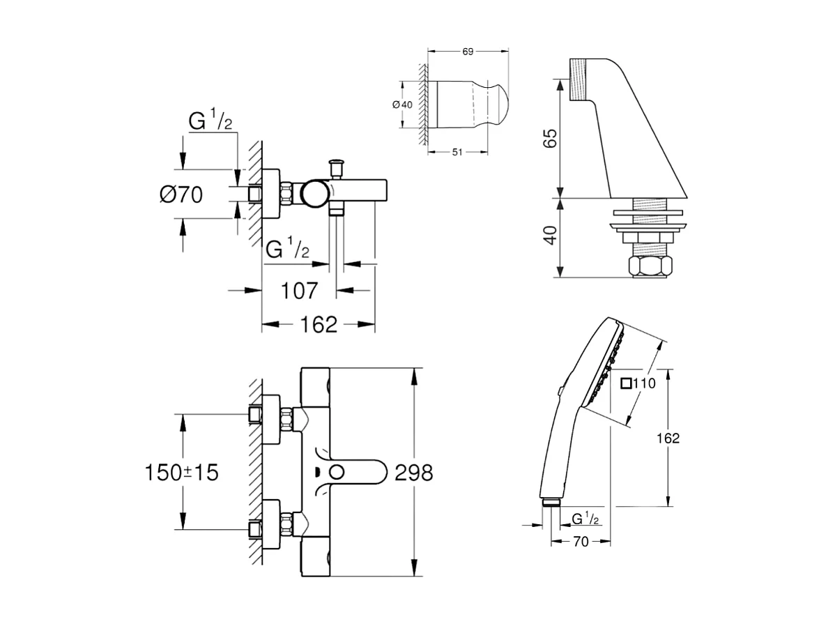 Pack mitigeur bain douche thermostatique GROHE Grohtherm 800 cosmopolitan + douchette carré  2 jets + flexible + support