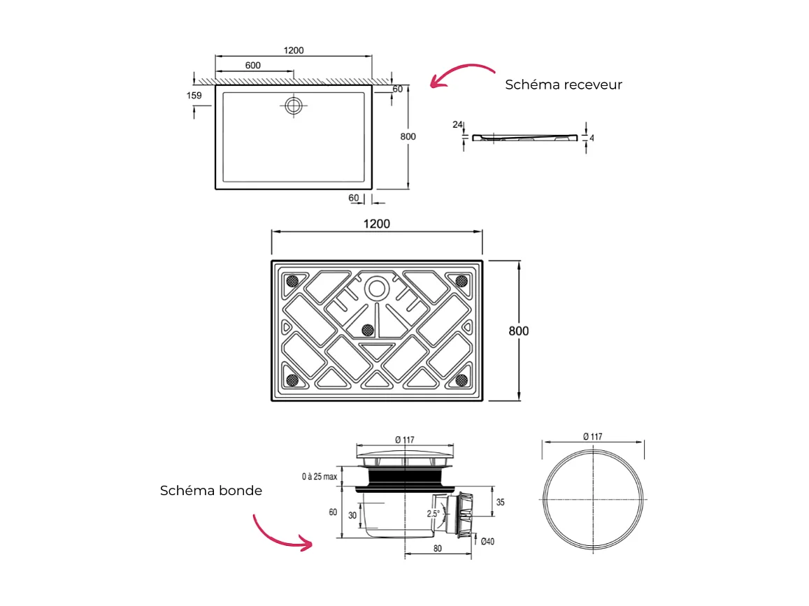 Receveur de douche 120 x 80 JACOB DELAFON Gaspard extra-plat céramique + Bonde