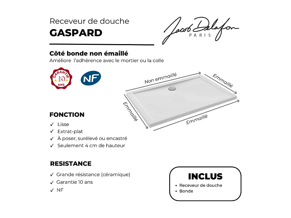 Receveur de douche 120 x 80 JACOB DELAFON Gaspard extra-plat céramique + Bonde
