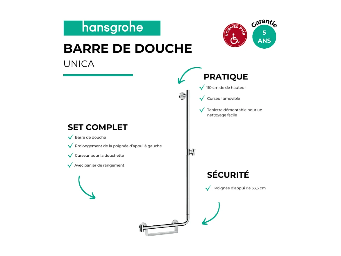 Barre de douche PMR HANSGROHE Unica 110 cm avec poignée à gauche chromé