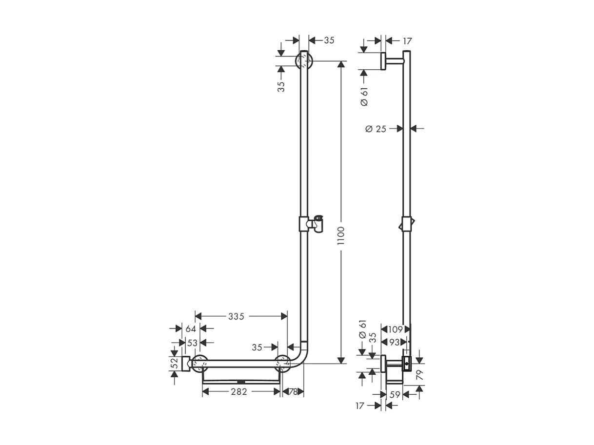 Barre de douche PMR HANSGROHE Unica 110 cm avec poignée à gauche chromé
