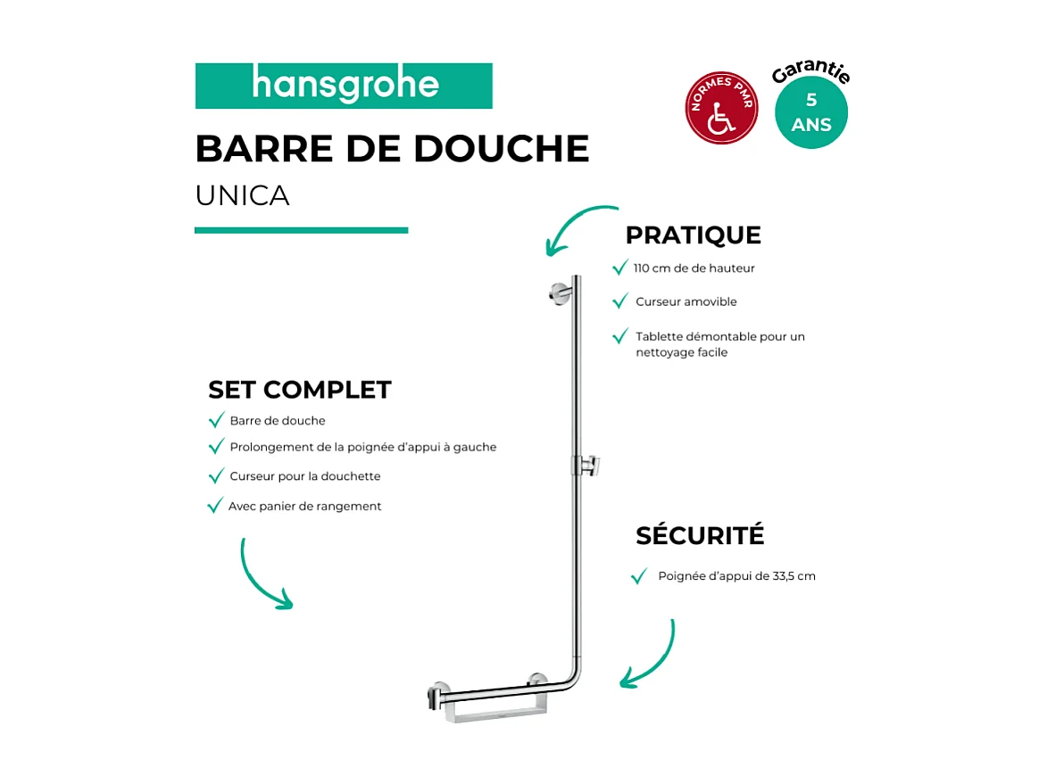 Barre de douche PMR HANSGROHE Unica 110 cm avec poignée à gauche chromé