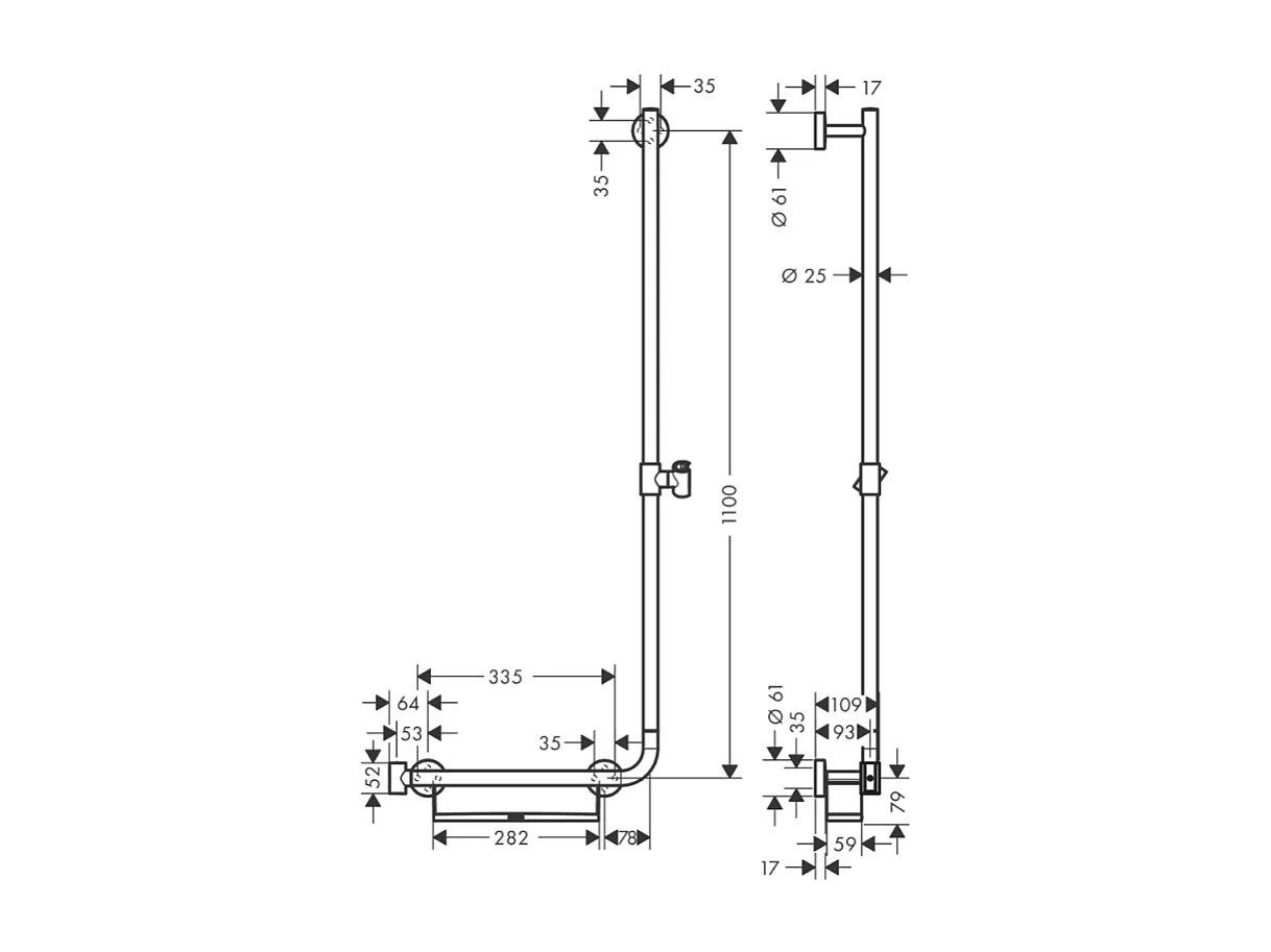 Barre de douche PMR HANSGROHE Unica 110 cm avec poignée à gauche chromé