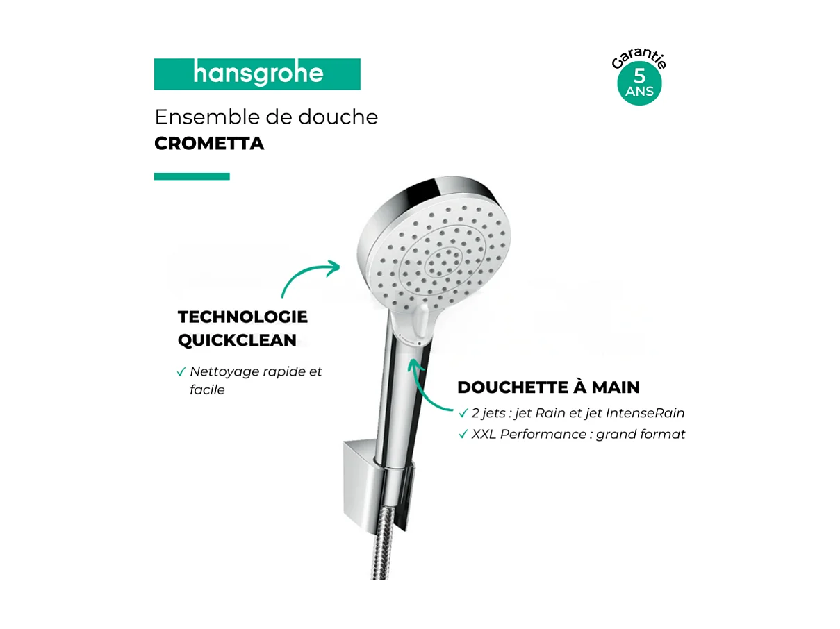 Pack pommeau de douche rond 2 jets Hansgrohe Crometta Vario + flexible Isiflex 160 cm + support chromé