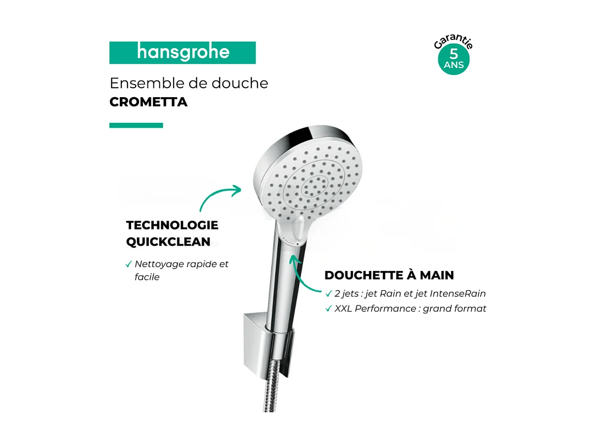 Pack pommeau de douche rond 2 jets Hansgrohe Crometta Vario + flexible Isiflex 160 cm + support chromé