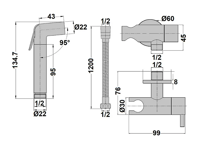 Douchette WC PAINI Cox ronde Noir Mat + support + flexible