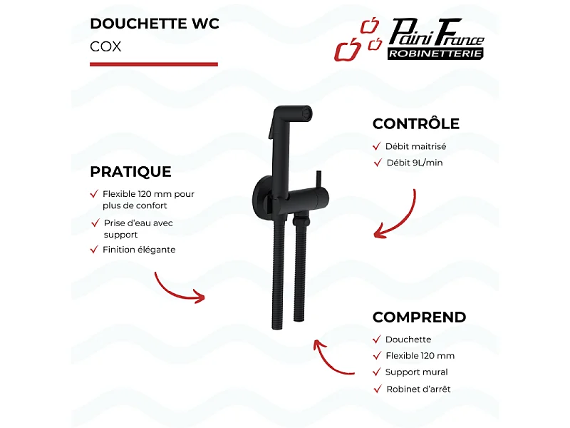 Douchette WC PAINI Cox ronde + Support + Flexible inox brossé noir mat