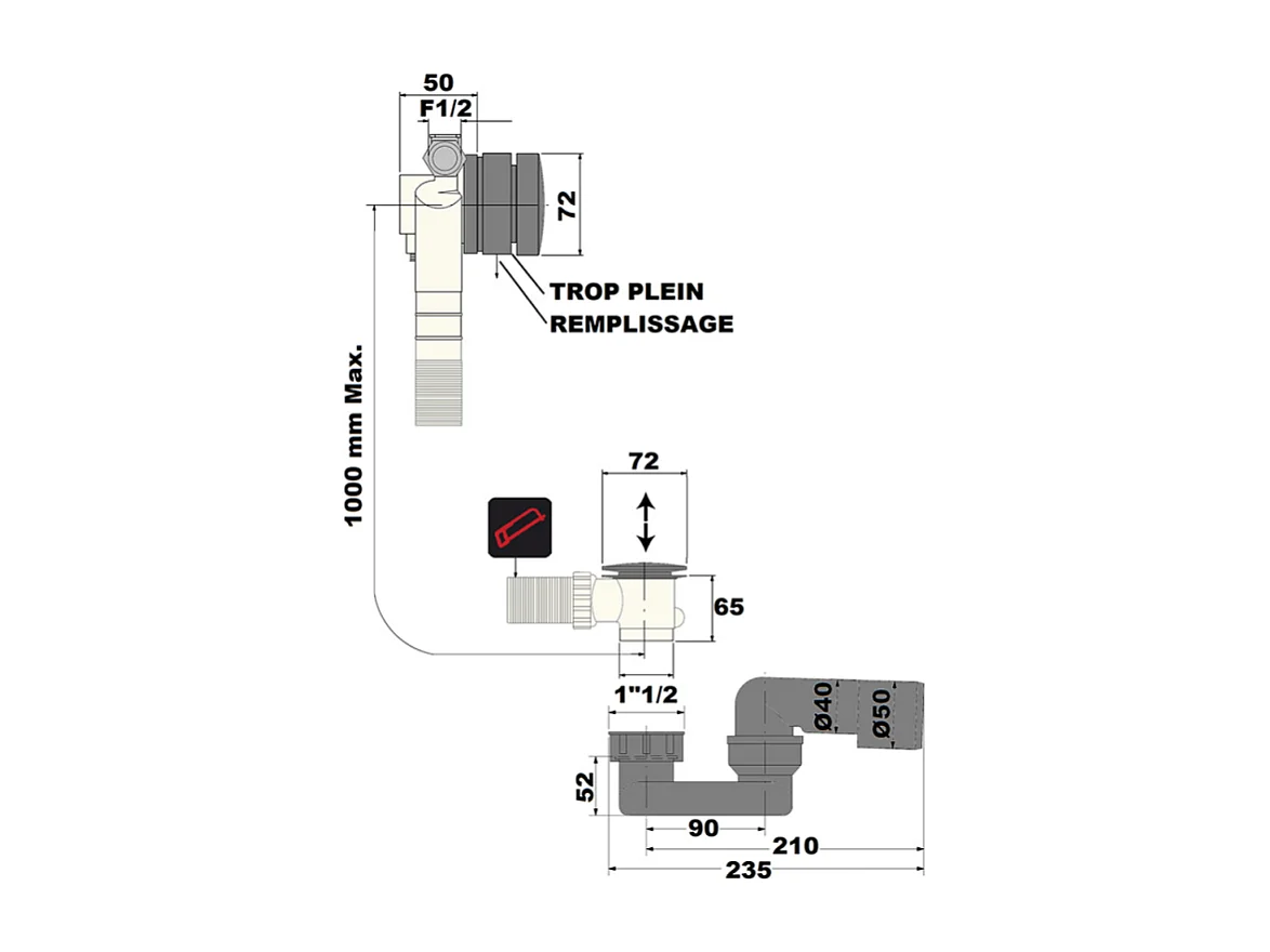 Vidage de baignoire PAINI remplissage par le trop plein 90 cm Noir mat