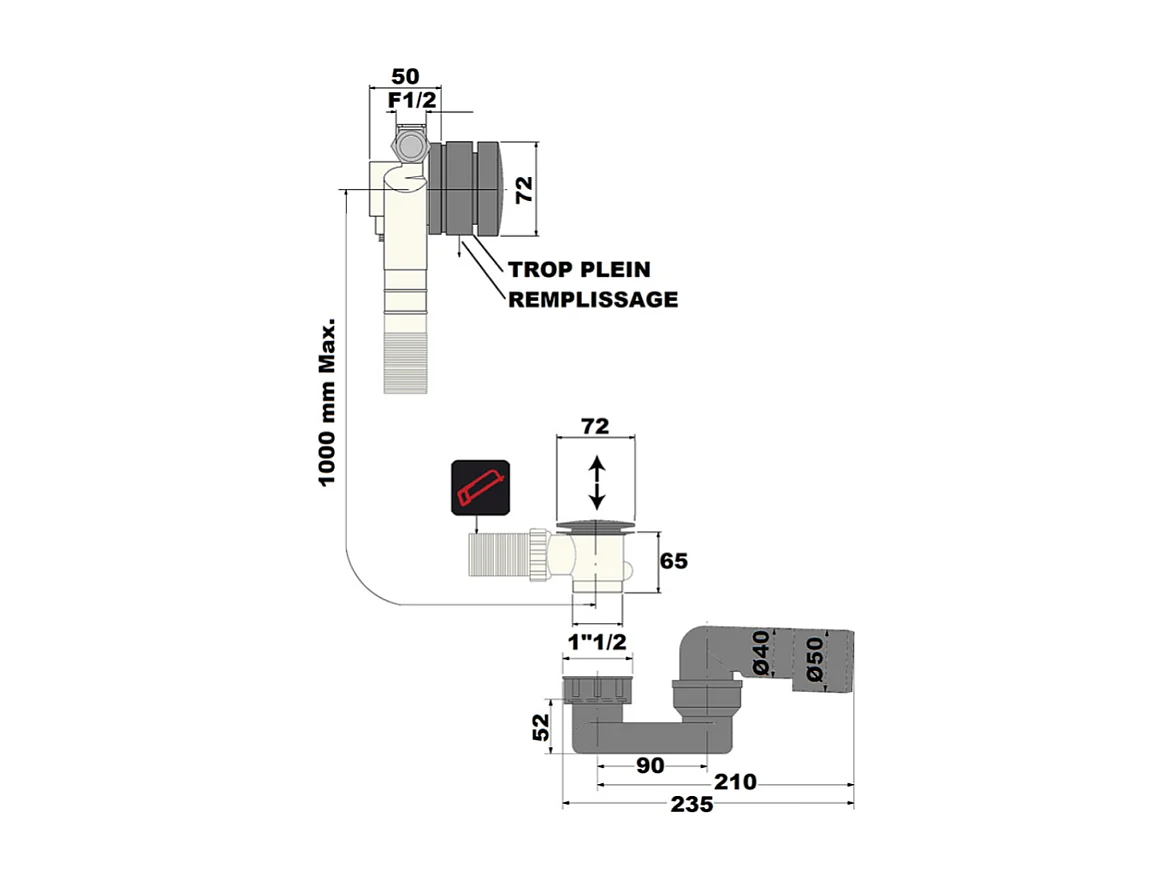 Vidage de baignoire PAINI remplissage par le trop plein 90 cm Noir mat