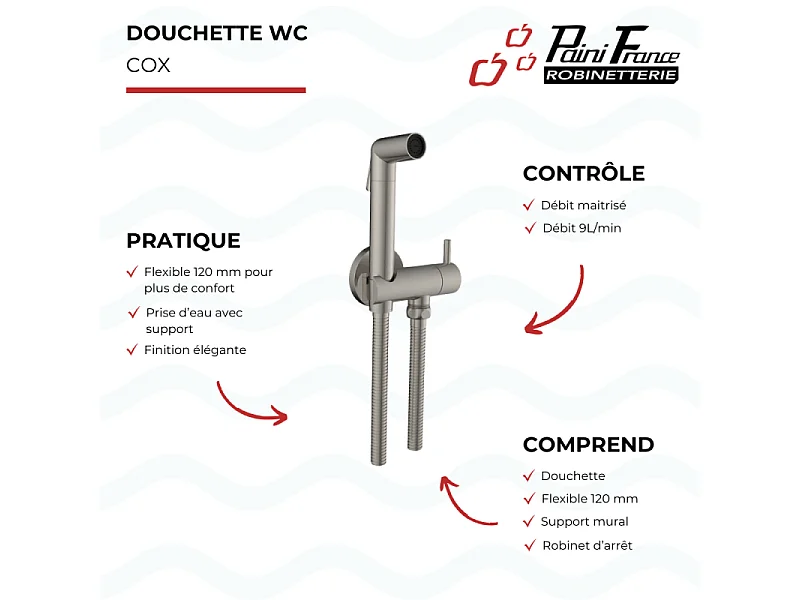 Douchette WC PAINI Cox ronde + Support + Flexible inox brossé