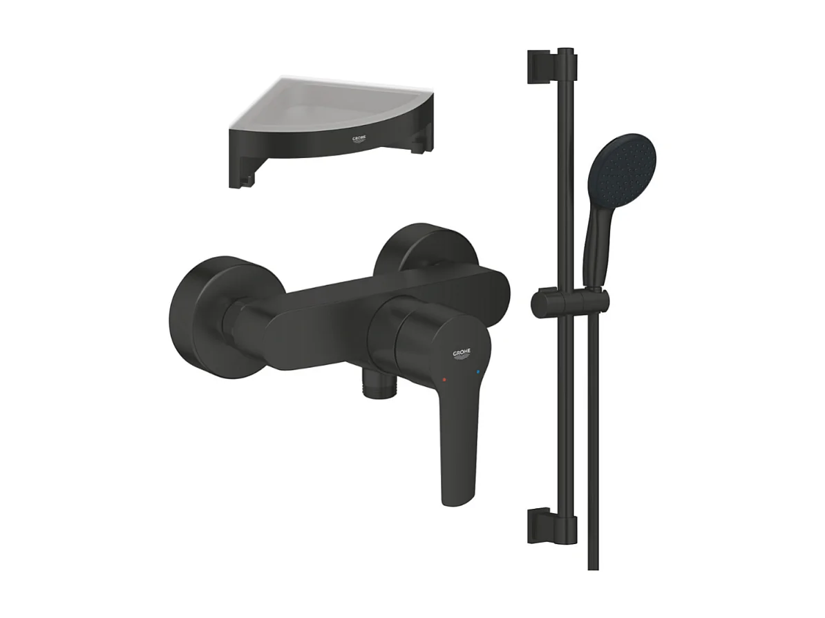 Mitigeur douche mécanique GROHE start Black + Ensemble de douche 2 jets avec barre Noir + Tablette d'angle