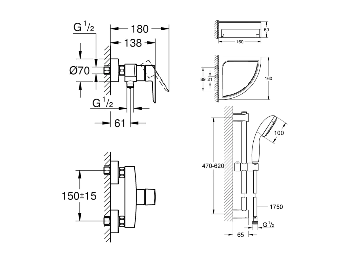 Mitigeur douche mécanique GROHE start Black + Ensemble de douche 2 jets avec barre Noir + Tablette d'angle