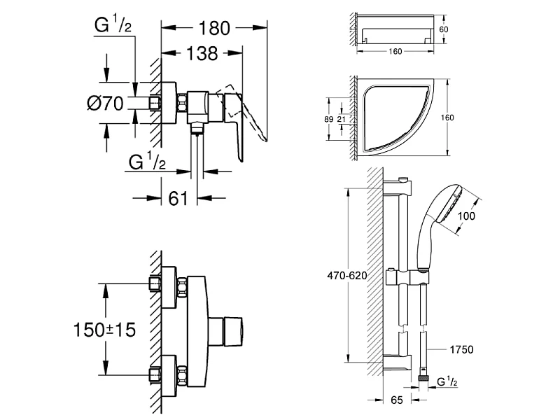 Mitigeur douche mécanique GROHE start Black + Ensemble de douche 2 jets avec barre Noir + Tablette d'angle