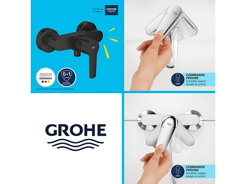 Mitigeur douche mécanique GROHE start Black + Ensemble de douche 2 jets avec barre Noir + Tablette d'angle
