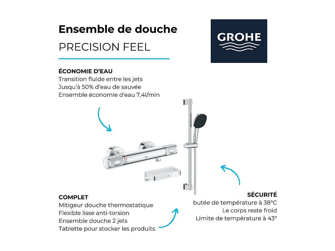 Mitigeur douche thermostatique GROHE Precision Feel + Ensemble de douche 2 jets avec barre + Panier douche