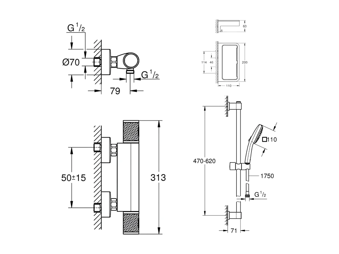 Mitigeur douche thermostatique GROHE Precision Feel + Ensemble de douche 2 jets avec barre + Panier douche