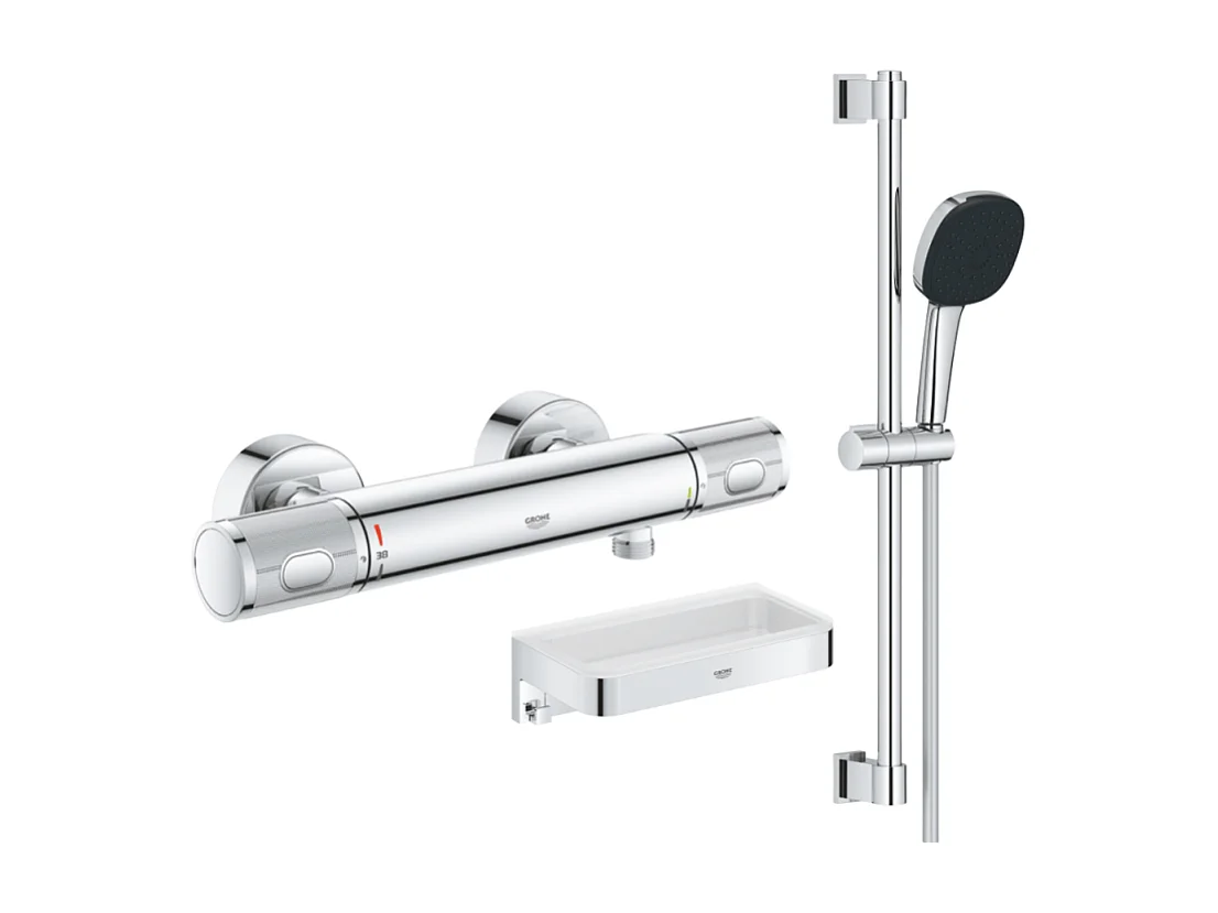 Mitigeur douche thermostatique GROHE Precision Feel + Ensemble de douche 2 jets avec barre + Panier douche