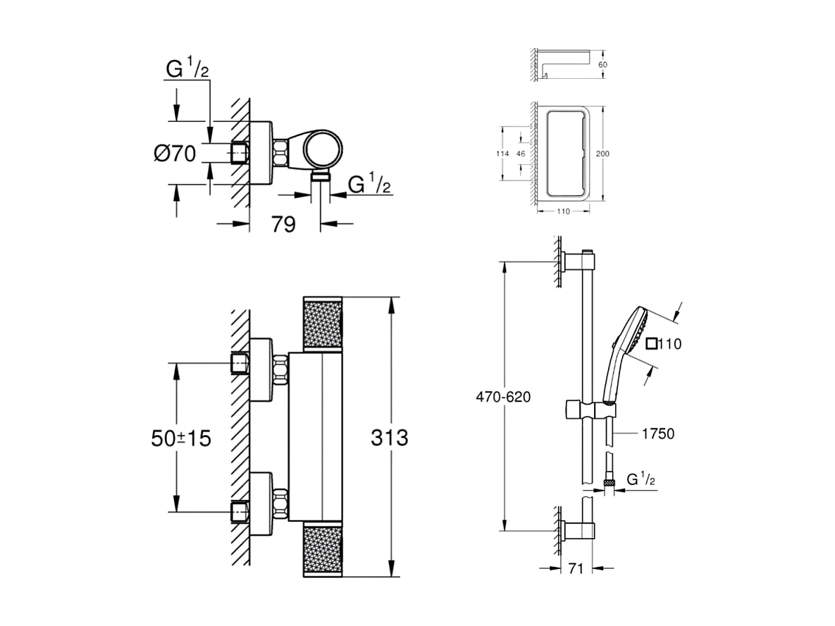 Mitigeur douche thermostatique GROHE Precision Feel + Ensemble de douche 2 jets avec barre + Panier douche