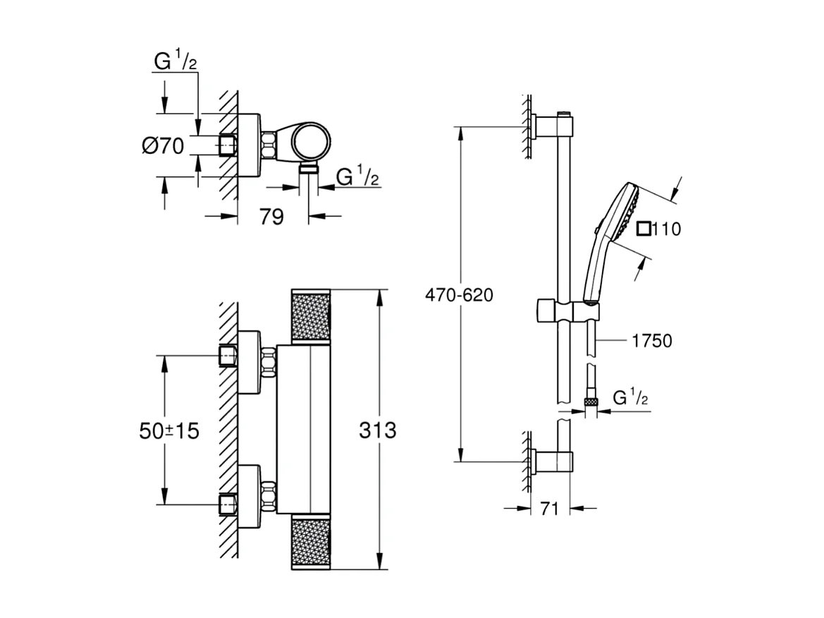 Mitigeur douche thermostique  GROHE Precision Feel + Ensemble de douche 2 jets avec barre Chromé
