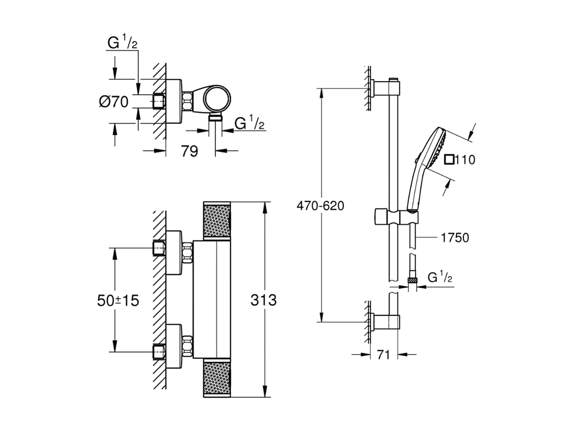 Mitigeur douche thermostique  GROHE Precision Feel + Ensemble de douche 2 jets avec barre Chromé