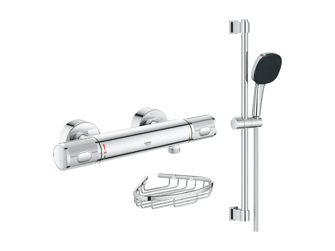 Mitigeur douche thermostatique GROHE Precision Feel + Ensemble de douche 2 jets avec barre + Panier porte-savon