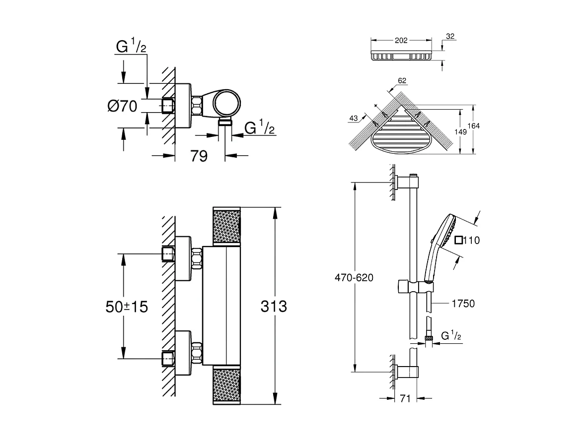 Mitigeur douche thermostatique GROHE Precision Feel + Ensemble de douche 2 jets avec barre + Panier porte-savon