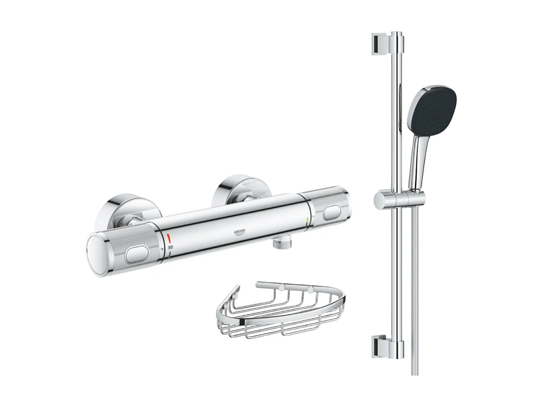 Mitigeur douche thermostatique GROHE Precision Feel + Ensemble de douche 2 jets avec barre + Panier porte-savon