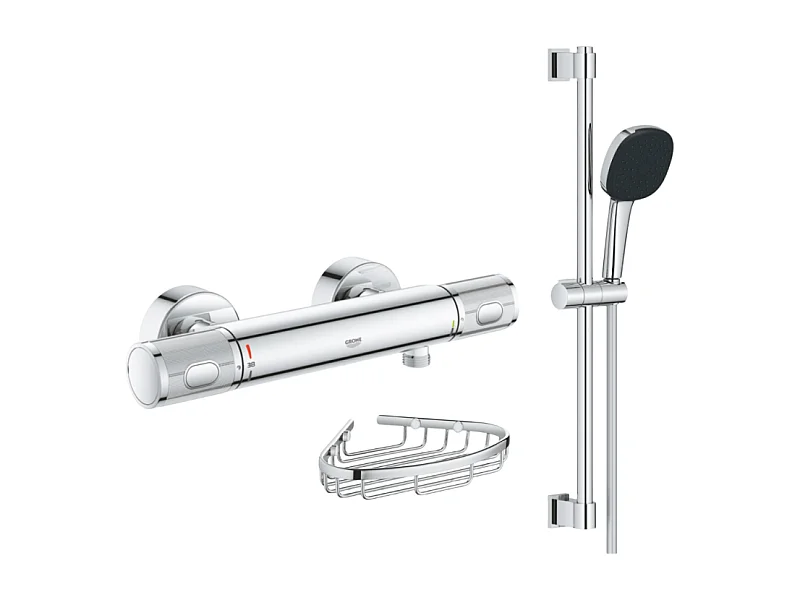 Mitigeur douche thermostatique GROHE Precision Feel + Ensemble de douche 2 jets avec barre + Panier porte-savon